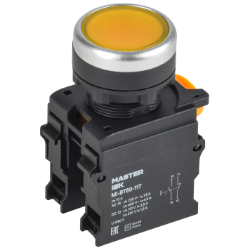 Кнопка с фиксацией d=22мм 1NO+1NC жёлтая MASTER IEK