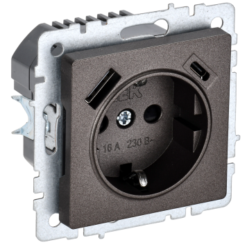 BRITE Роз. с з/к/ш 16А с USB A+C 18Вт РЮш11-1-БрТБ бр. IEK