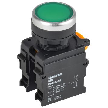 Кнопка с фиксацией d=22мм 1NO+1NC зелёная MASTER IEK