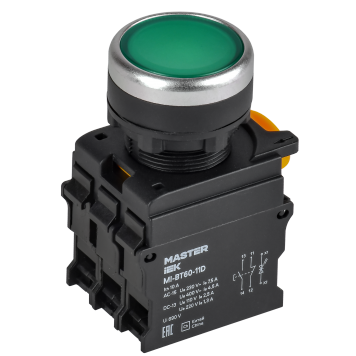 Кнопка с подсветкой d=22мм 1NO+1NC зелёная MASTER IEK