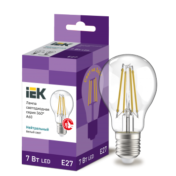 Лампа LED A60 груша прозр. 7Вт 230В 4000К E27 серия 360° IEK