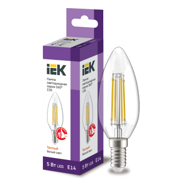 Лампа LED C35 свеча прозр. 5Вт 230В 3000К E14 серия 360° IEK